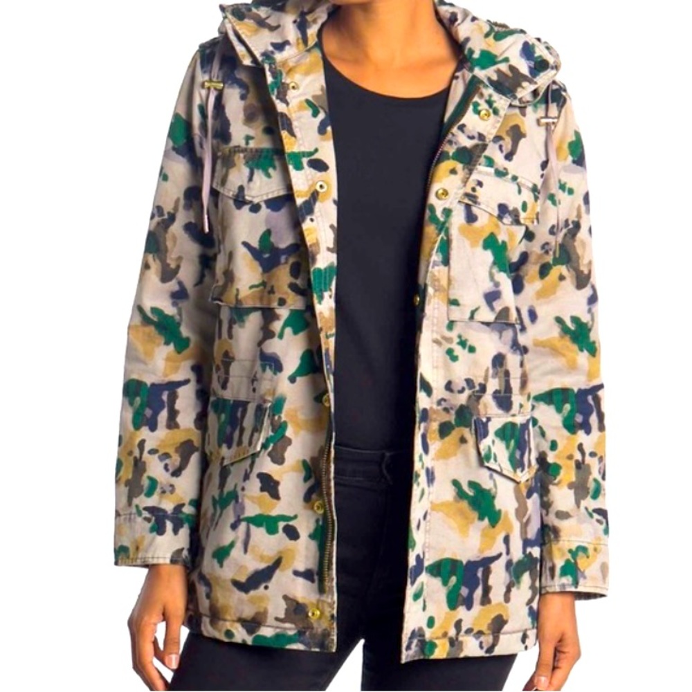 Zadig & Voltaire Faux Fur Lined Hooded Jacket/ Parka Camo Jacket Gray Green